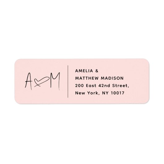 Couple Monogram Heart Pink Return Address ラベル (正面)