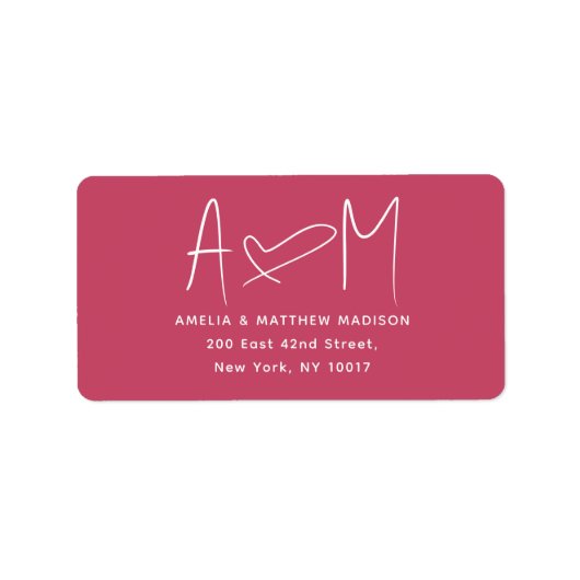Couple Monogram Heart Red Return Address ラベル (正面)