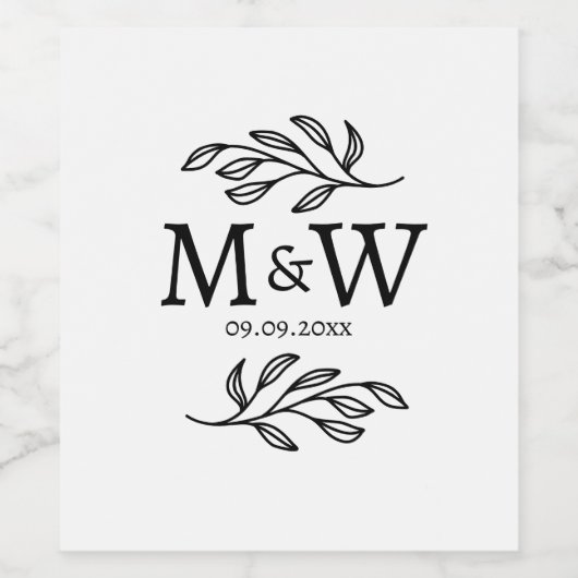 Couple Monogram Wedding Date Elegant Botanical ワインラベル (シングルラベル)
