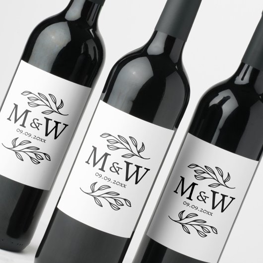 Couple Monogram Wedding Date Elegant Botanical ワインラベル