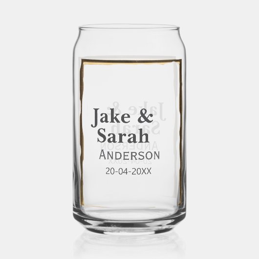 Couple name gray golden frame border wedding date  ガラス缶 (正面)