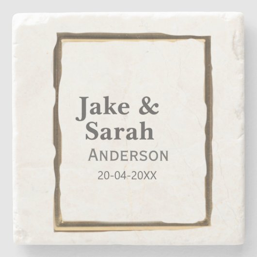 Couple name gray golden frame border wedding date  ストーンコースター (正面)