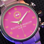 Couple Names Monogram Minimal Style Pink 腕時計<br><div class="desc">Couple Names Monogram Minimal Style Pink Background, Yellow Roman Numerals Celebrate love with this minimalist custom monogram watch, featuring a soft pink background and elegant yellow Roman numerals. This personalized timepiece is designed for couples who appreciate modern simplicity and timeless elegance. Customizable with your names or initials, it makes an...</div>