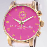 Couple Names Monogram Minimal Style Pink 腕時計<br><div class="desc">Couple Names Monogram Minimal Style Pink Background, Yellow Roman Numerals Celebrate love with this minimalist custom monogram watch, featuring a soft pink background and elegant yellow Roman numerals. This personalized timepiece is designed for couples who appreciate modern simplicity and timeless elegance. Customizable with your names or initials, it makes an...</div>