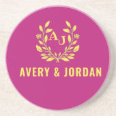 Couple Names Monogram Yellow & Pink Elegant  コースター (正面)