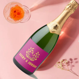 Couple Names Monogram Yellow & Pink Elegant  スパークリングワインラベル