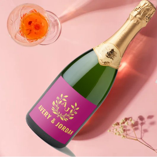 Couple Names Monogram Yellow & Pink Elegant  スパークリングワインラベル