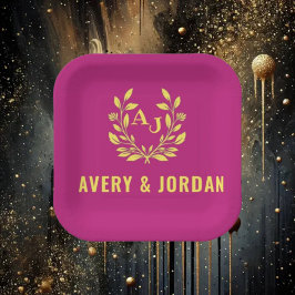 Couple Names Monogram Yellow & Pink Elegant  ペーパープレート