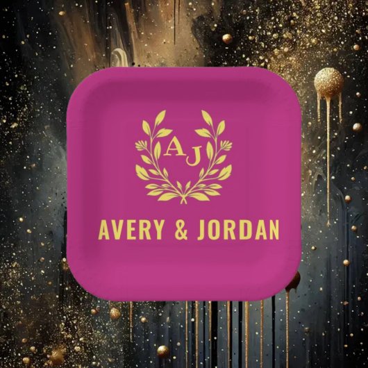 Couple Names Monogram Yellow & Pink Elegant  ペーパープレート