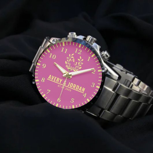 Couple Names Monogram Yellow & Pink Elegant  腕時計