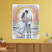 Couple on the beach at sunset キャンバスプリント (インサイチュ (リビング))