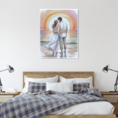 Couple on the beach at sunset キャンバスプリント (インサイチュ (寝室))