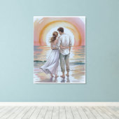 Couple on the beach at sunset キャンバスプリント (インサイチュ (ウッドフロア))