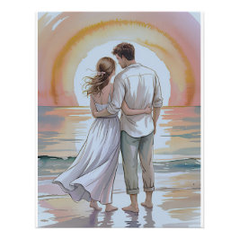 Couple on the beach at sunset フォトプリント           