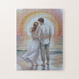 Couple on the beach at sunset puzzle ジグソーパズル