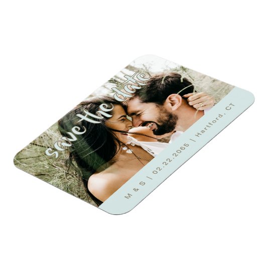 Couple Photo Turquoise Save the Date マグネット (左側)