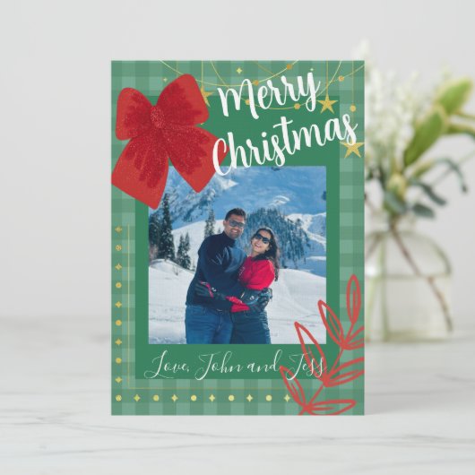 Couples Christmas Card With Plaid Background 招待状 (スタンド正面)