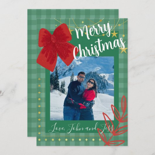 Couples Christmas Card With Plaid Background 招待状 (正面/裏面)