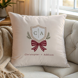 Couple's Monogram Crest Bow Christmas Throw Pillow クッション