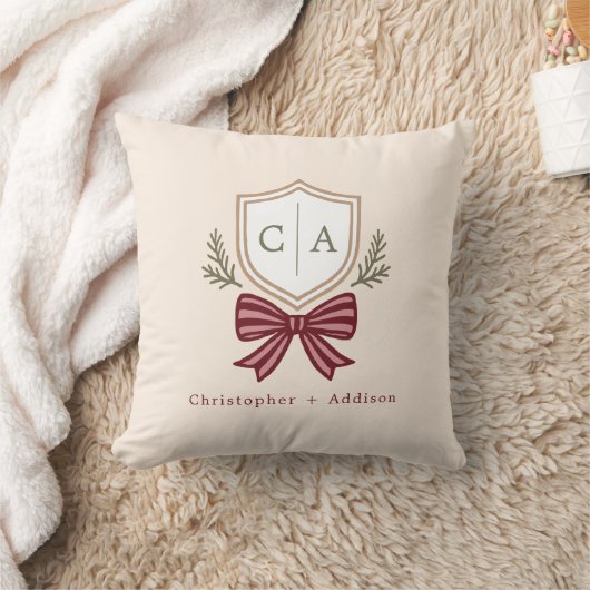 Couple's Monogram Crest Bow Christmas Throw Pillow クッション (ブランケット)