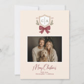 Couples Monogram Crest Bow Photo Christmas Card シーズンカード (正面)