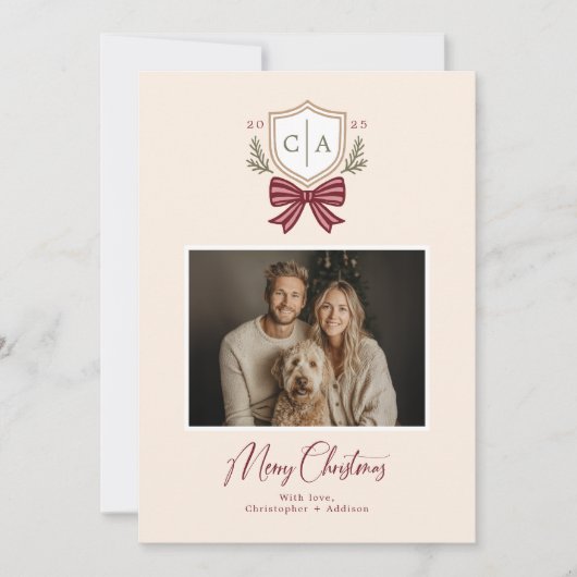 Couples Monogram Crest Bow Photo Christmas Card シーズンカード (正面)