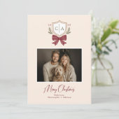 Couples Monogram Crest Bow Photo Christmas Card シーズンカード (スタンド正面)
