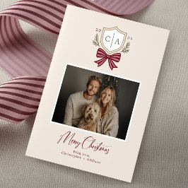 Couples Monogram Crest Bow Photo Christmas Card シーズンカード