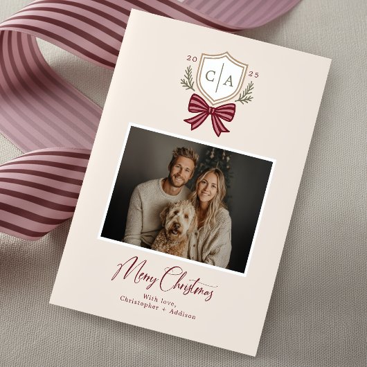 Couples Monogram Crest Bow Photo Christmas Card シーズンカード
