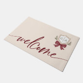 Couple's Monogram Crest Bow Welcome Christmas  ドアマット (アングル)
