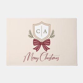 Couple's Monogram Crest Holiday Bow Christmas ドアマット