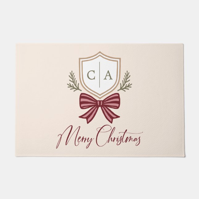 Couple's Monogram Crest Holiday Bow Christmas ドアマット (正面)