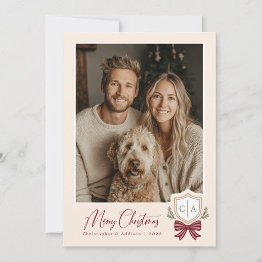 Couples Monogram Initials Bow Photo Christmas Card シーズンカード (正面)