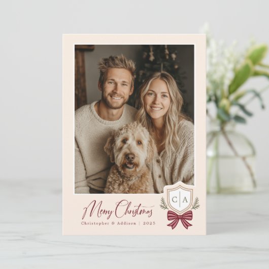 Couples Monogram Initials Bow Photo Christmas Card シーズンカード (スタンド正面)
