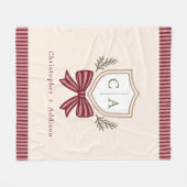 Couple's Monogram Names Crest Bow Christmas フリースブランケット (正面(横))