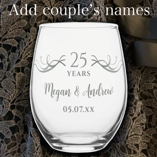 Couples Names 25th Wedding Anniversary Gift ステムなしワイングラス