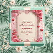 Couple's Romantic Pink Heart Motifs Floral Engaged スクエアシール