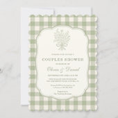 Couples Shower Gingham Sage Green Floral Bow  招待状 (正面)