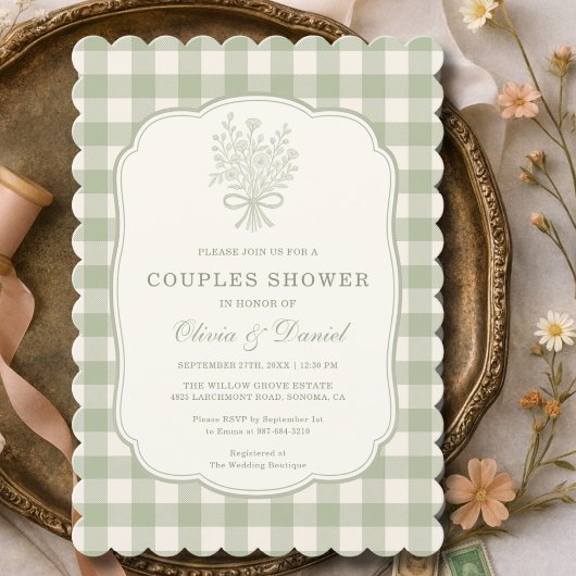 Couples Shower Gingham Sage Green Floral Bow  招待状