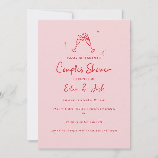 Couples shower modern pink red elegant handwritten 招待状 (正面)