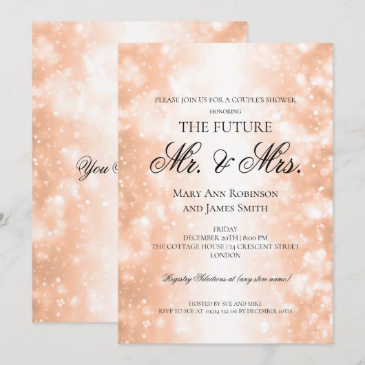 Couples Shower Rose氏夫人の金ゴールドのきらめくライト 招待状 (正面/裏面)