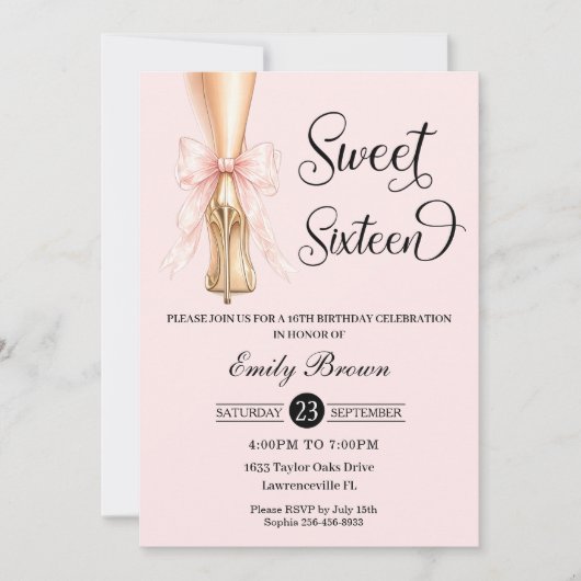 Couquette Pink Ribbon Bow Fashion Heels Sweet 16  招待状 (正面)