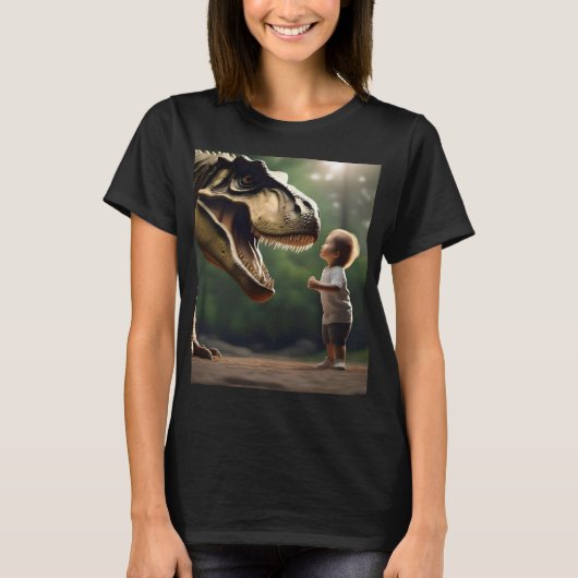 **"Courage Unleashed: A Small Boy Faces the T-Rex" Tシャツ (正面)