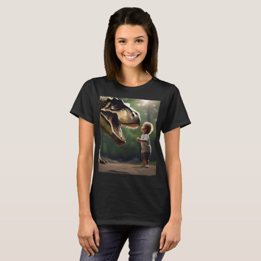 **"Courage Unleashed: A Small Boy Faces the T-Rex" Tシャツ (正面フル)