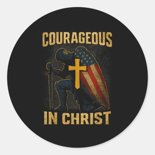 Courageous In Christ Knight Cross Patriotic Usa Fl ラウンドシール (正面)