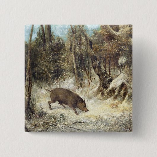 Courbet (偽造品)として署名する雪のイノシシ 缶バッジ (正面)