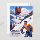 Courcheval上のケーブルカー、スキーの男、ヴィンテージ ポストカード (正面/裏面)