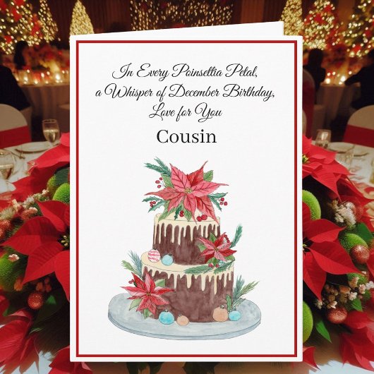 Cousin December Birthday Cake Poinsettias  カード