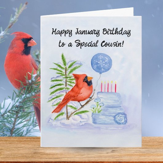 Cousin Happy January Birthday Cardinal with Cake カード