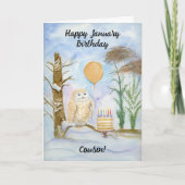 Cousin Happy January Birthday Owl Cake カード (正面)